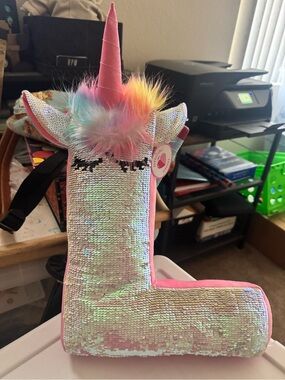 Rainbow Unicorn Sequin L-Shaped Plush Pillow